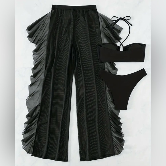 3pc Black Criss Cross Top Bikini Set with Sheer Mesh Ruffle Cover-Up Pants - Picture 3 of 8